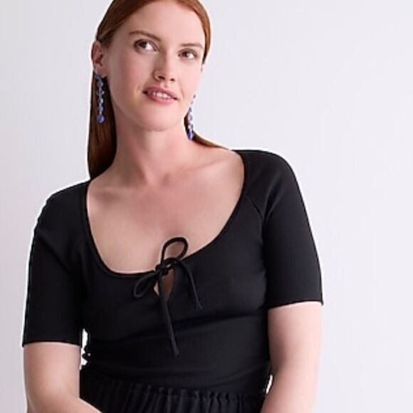 NWT J CREW Scoop Neck Tie Front Ribbed Short Sleeved Top Black - Picture 1 of 10